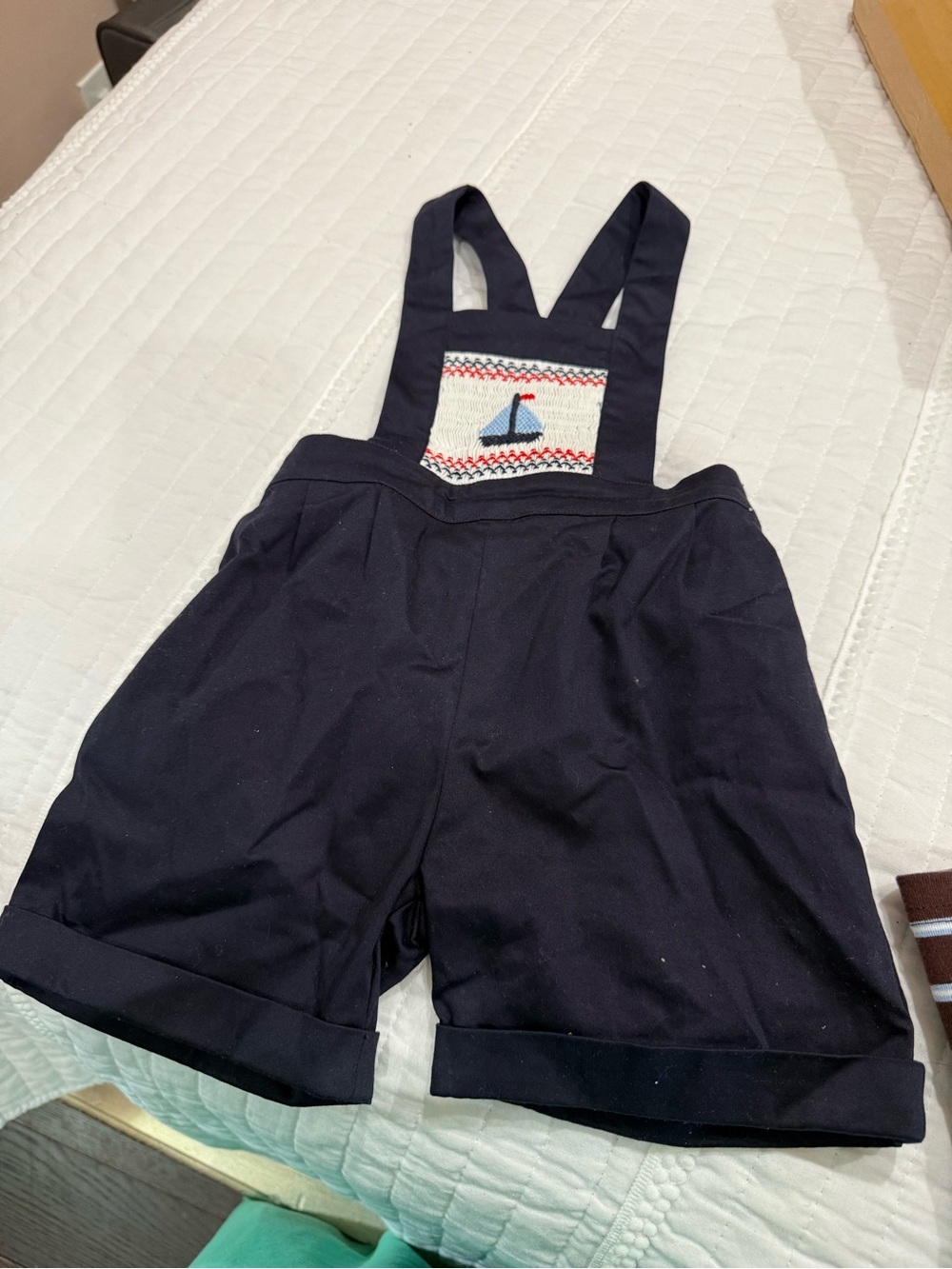 Navy Smocked Sailboat Kids Overall Shorts